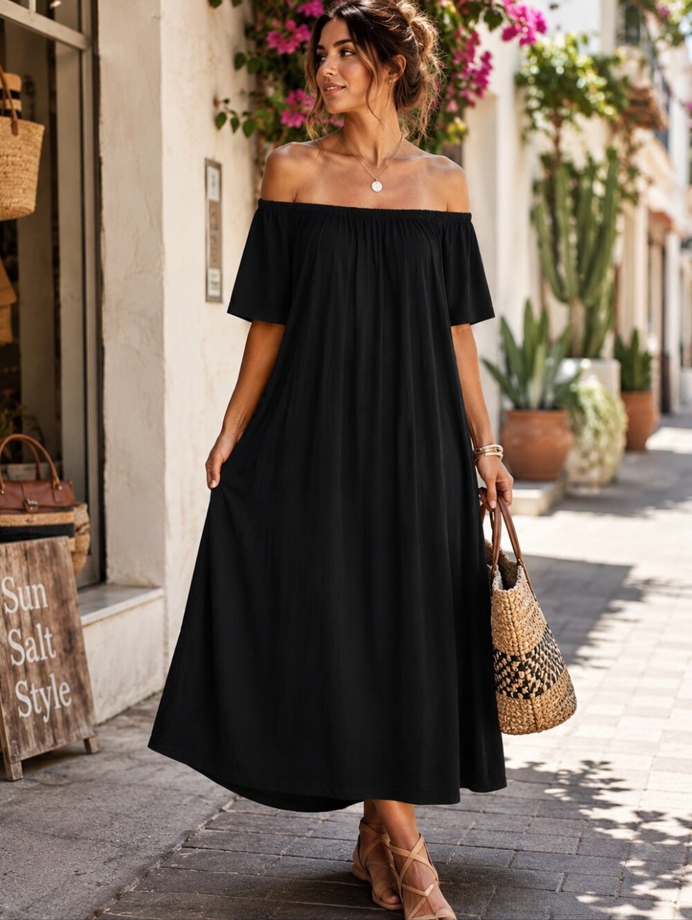 J.JILL Womens Black off shoulder shirred flowing maxi dress plus 2X 2XL Lenzing